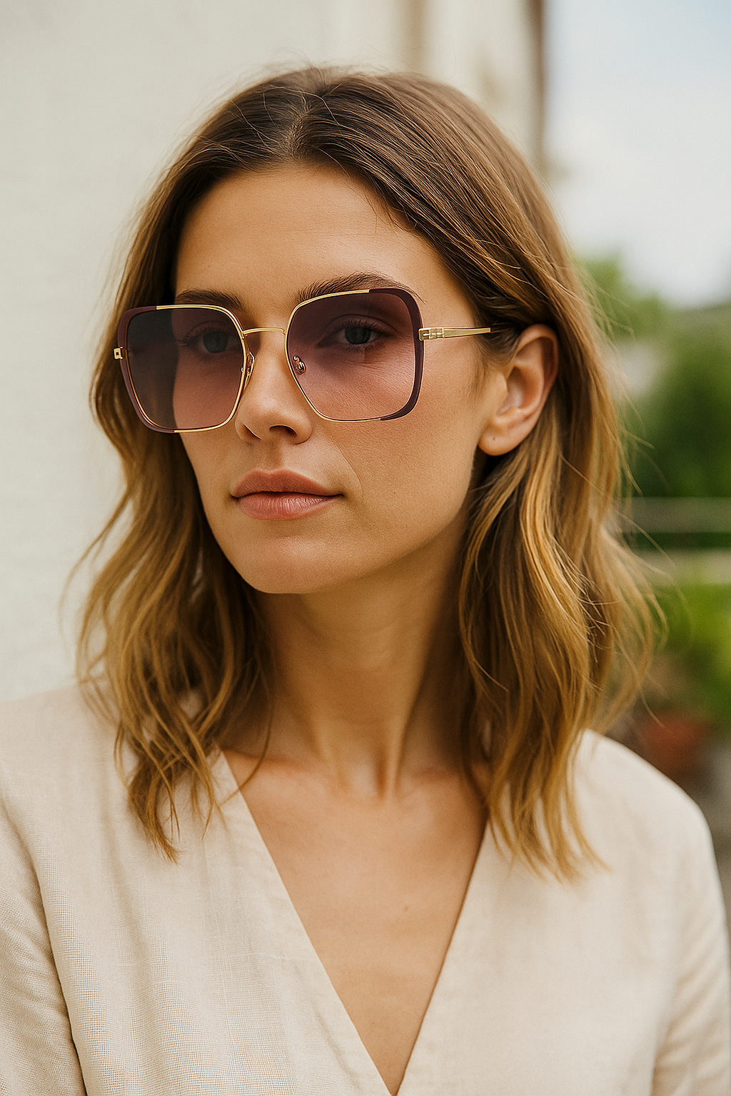 Vierkante zonnebril met gouden frame en roze glazen