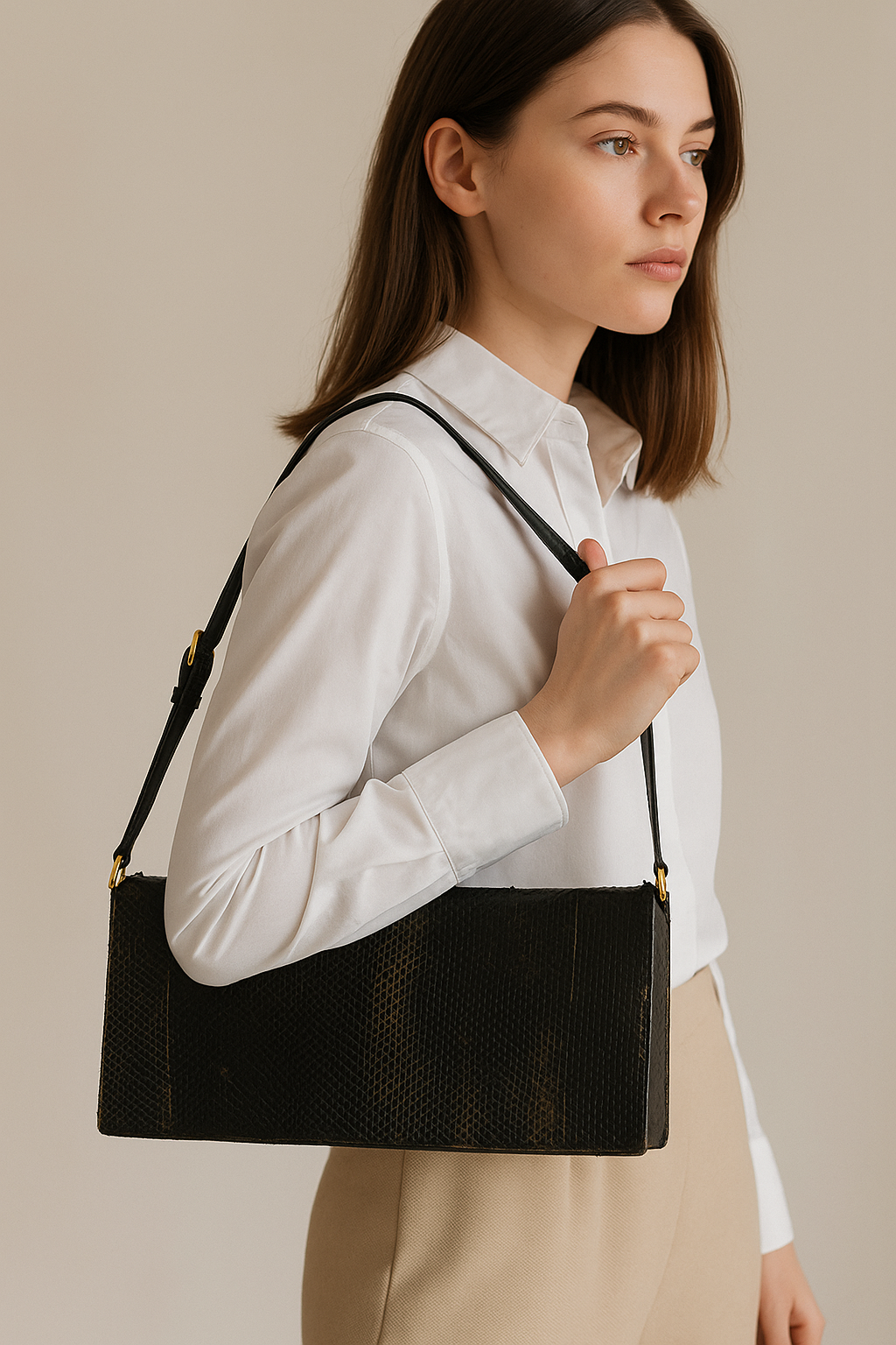 Zwarte Vintage Leren Schoudertas met Slangenprint – Jaren '70