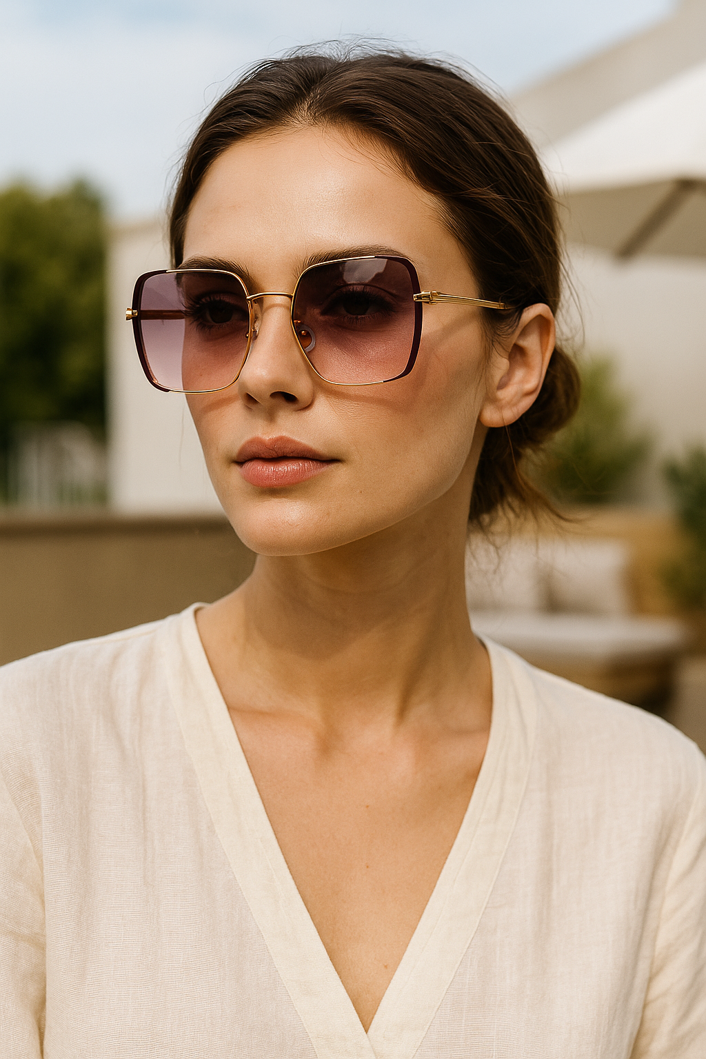 Vierkante zonnebril met gouden frame en roze glazen