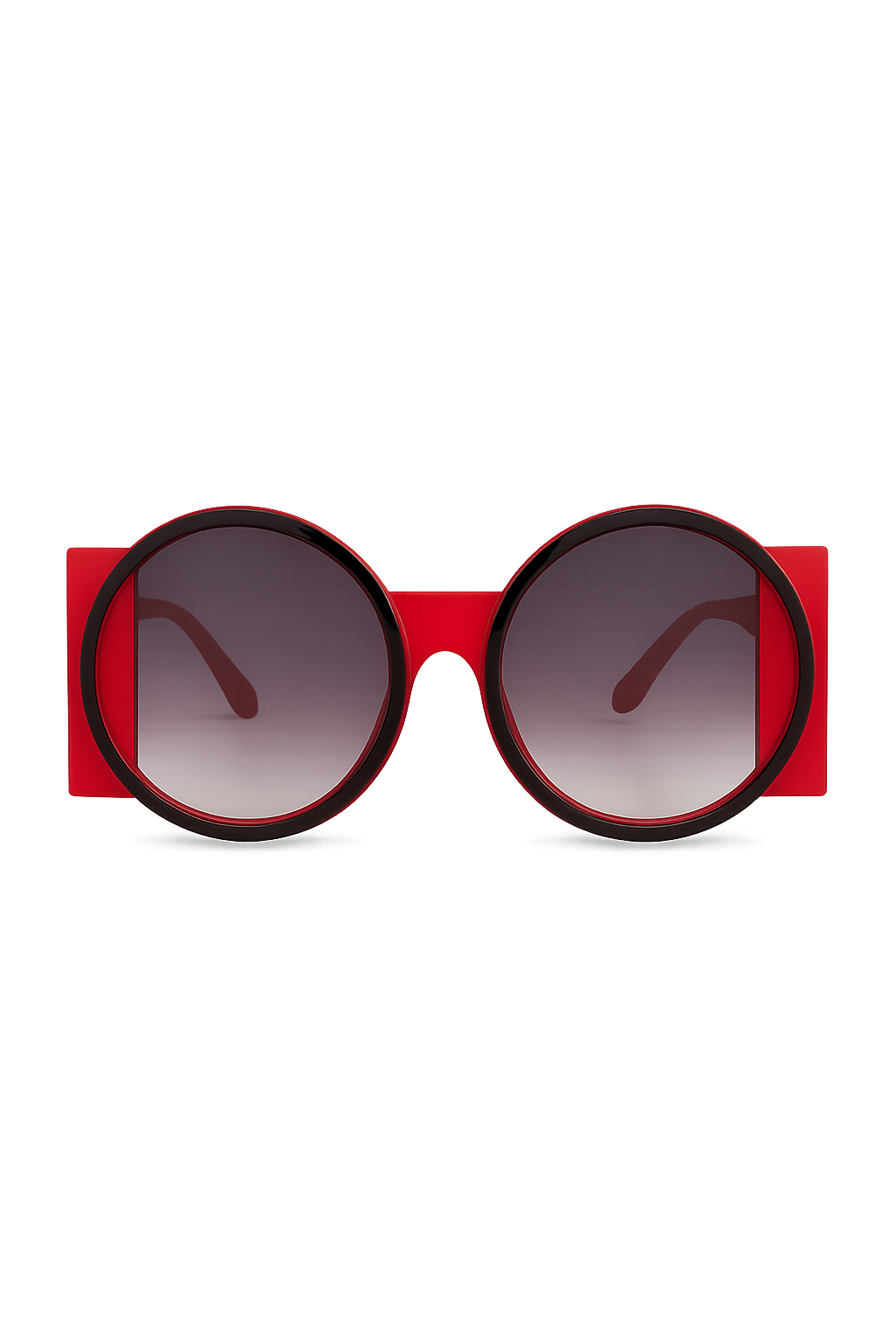 Ronde zonnebril met rood frame en paarse glazen