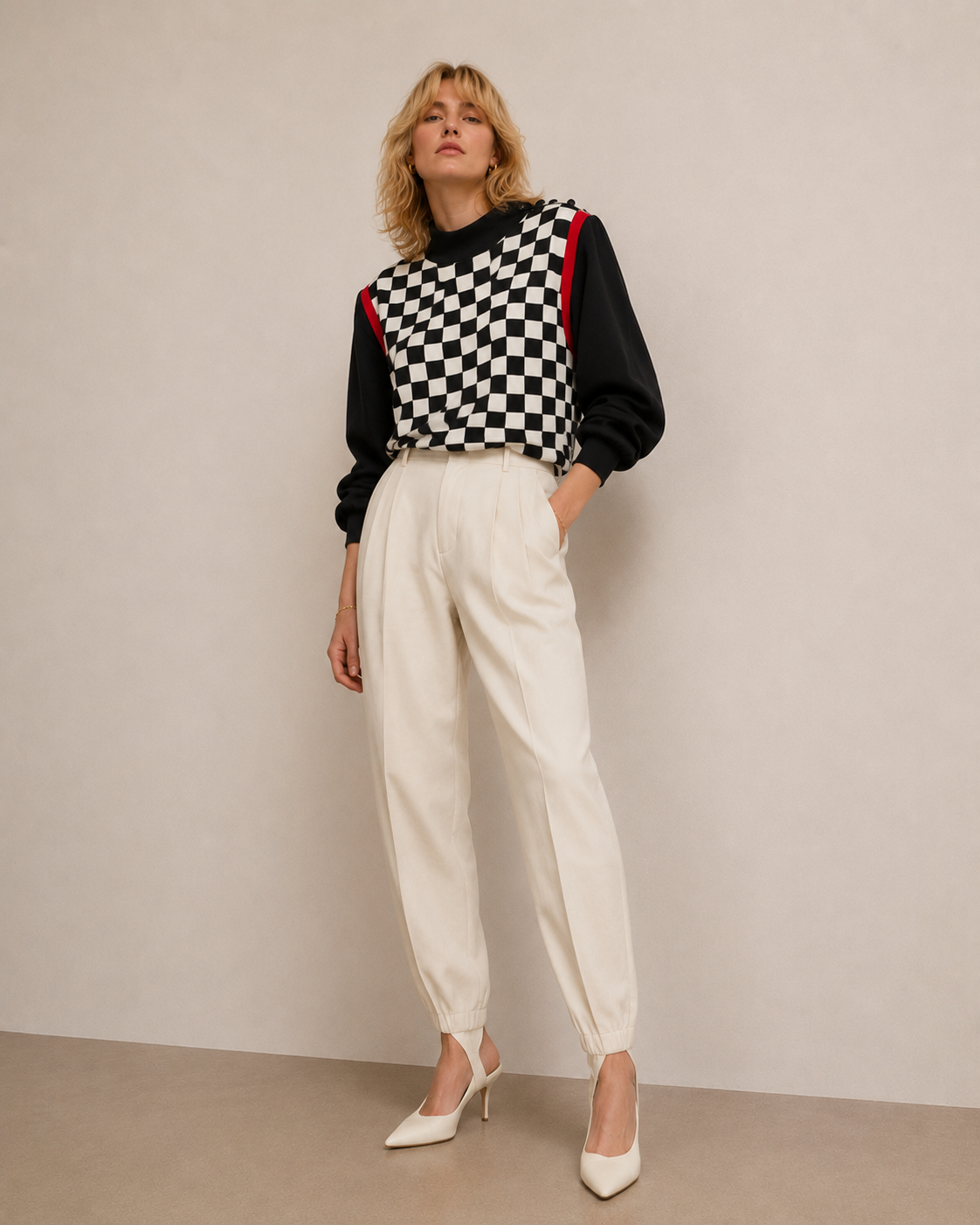 Vintage Blouse – Zwart-Witte Blokjes met Rood Detail